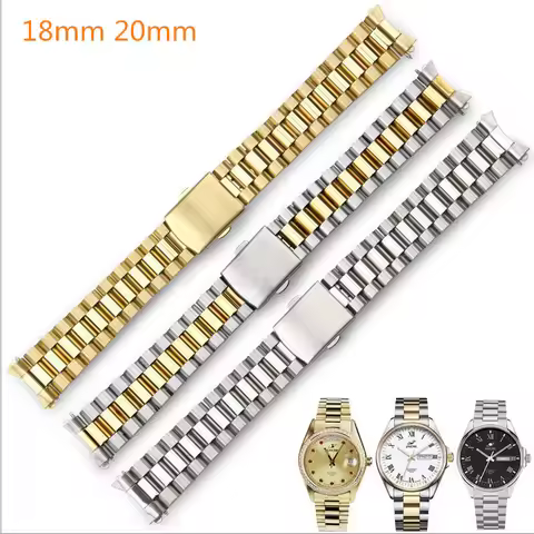 Classic Silver and Gold Curved End Stainless Steel Watchband 18 20 22mm Solid Links Bracelet Fit For