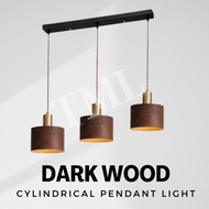 Dark Wood Print Walnut Japanese Design 3Head Cylindrical Pendant Light E27 Dining Island TML