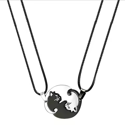 Yin Yang Cat Puzzle Couple Necklace Black White Cute Cat Necklaces Stainless Steel Necklace for Best