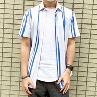 ZARA 襯衫 休閒 正式 立領 短袖 復古 VINTAGE 條紋 絲質 男版 白藍配色 M號 CLT-M TP0_2311 TP0_23
