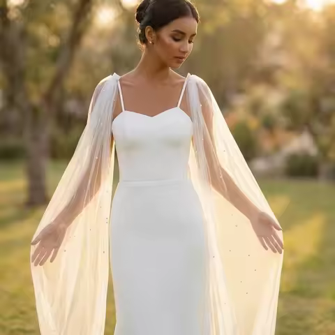 Elegant Pearl Embellished Tulle Bridal Cape with Detachable Clips Long Sleeveless Wedding Shawl for 