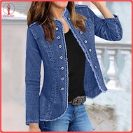 fulaide Womens Jean Jacket Long Sleeve Frayed Hem Stretchy Denim Jacket Slim-Fit Button Down Cropped