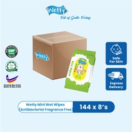 Wetty Mini Antibacterial Fragrance-Free Wet Wipes Tisu Basah Mini Wet Tissue (8's X 144packs) 1 Cart