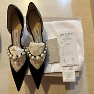 全新JIMMY CHOO珍珠裝飾黑色漆皮高跟鞋35.5
