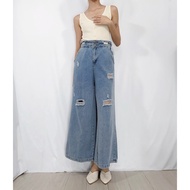 AQ Cheap Clothes Taiwan Seller 1 Color Waist Hole Ripped Denim Wide Pants Jeans Trousers Wide Pants 