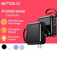 3 IN 1 Powerbank 15000mah PD22.5W Fast Charging Self-contained plug Portable Powerbank Built in Cabl