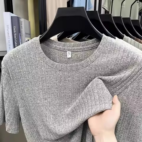Men's Knitted T Shirt Short Sleeve O Neck Striped Texture Soft Fabric Casual Summer Daily Wear Breat