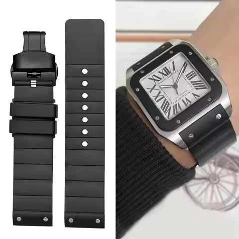Silicone Watch Band For Cartier Santos Sandoz Santos 100 Rubber black Watch accessories Strap Men's 