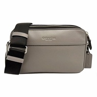 [全新]COACH 經典LOGO素面牛皮男款雙層斜背郵差包(灰)