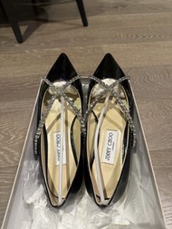 Jimmy Choo Black Patent Flats with Crystal Straps 有塵袋包鞋盒