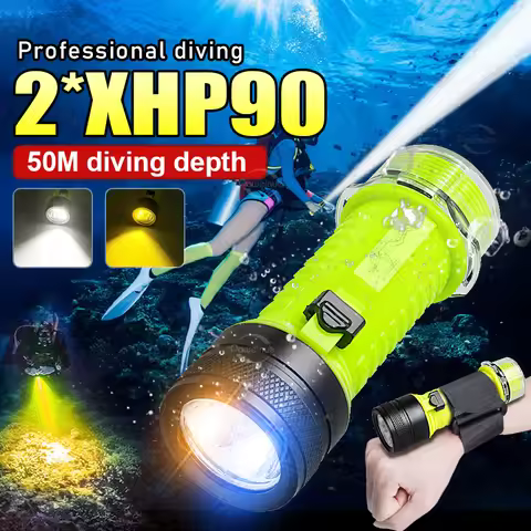 18000LM Rechargeable Diving Flashlight 2*XHP90 Yellow Light Professional Scuba Diving Torch IPX8 Und