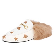 Mules for Women Fluffy Fur Buckle Mule Shoes Backless Loafers Leather Slip-on Flats