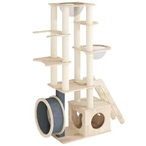 Cat Tree House Solid Wood Cat Climbing Tree Tower Running Wheel Furniture Indoor With Treadmill