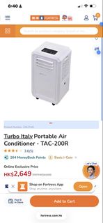 Turbo Italy 迷你移動空調 TAC-200R (2000 BTU)｜免接喉免安裝 / 抽濕冷氣二合一 / 連遙控 99%新急讓