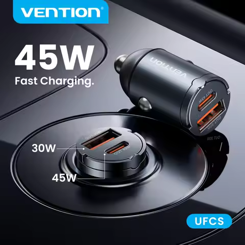 Vention MINI 45W Car Charger UFCS PD Fast Charging For iPhone 17 16 Pro Xiaomi Samsung Pull Ring USB