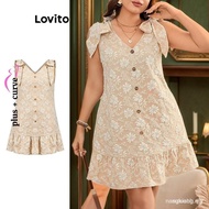 【In stock】Lovito Women Plus Size Curve Elegant Floral Bow Button Front Dress LBL16474 B6DY 0EHU UA56