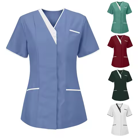 Plus Size 3XL Women Short Sleeve Scrub Tops Solid Nurse Uniform Pocket Care Workers T-Shirt Tops Cli