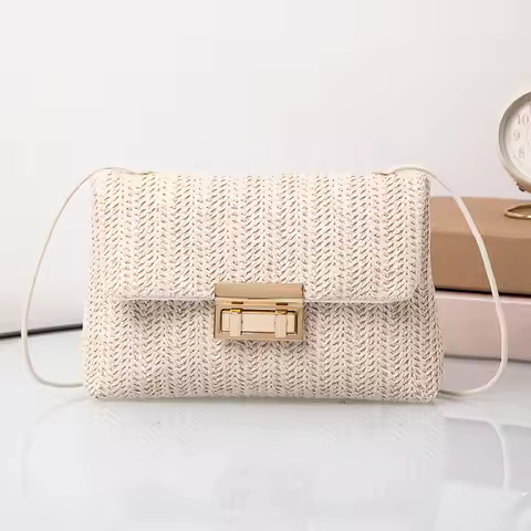 New Women Straw Bag Sweet Fashion Daisy Lock Design Shoulder Bag Chain Crossbody Bag