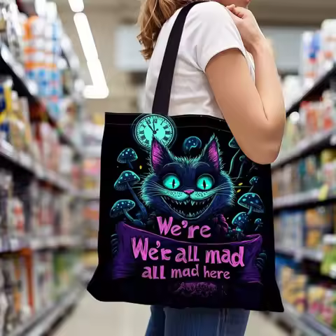 Dark Cheshire Cat Graphic Canvas Tote Bag We're All Mad Here Alice in Wonderland Shoulder Bag Hallow