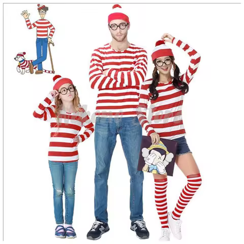 Wheres Waldo Striped Costume Unisex Shirt Glasses Hat Socks Wally Cosplay For Adults Teenagers Carni