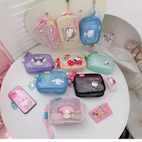 Sanrio Tote Bag, Hello Kitty Kuromi Cinnamoroll cartoon Transparent Mesh Bag, Portable Cosmetics, Da