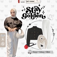 Setelan Outfit Kece Berhijab | Blazer Puff Hitam, Celana Jennie Knit Broken White, Hijab Bella Squar