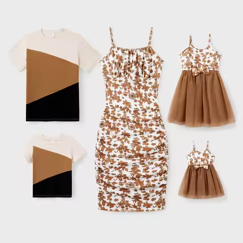 PatPat Family Matching Colorblock Cotton Tee or Flora Print Strap Body-con Dress or Mesh Splicing Dr