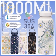 1000ml Floral Vacuum Tumbler for Kids 24h Hot and Cold Leak-Proof Thermos 304 Stainless Steel Bottle