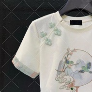 【ks1178.my】 现货/Spot 新中式轻国风印花盘扣短袖T恤女夏季设计感小众修身正肩短款上衣Ne Cinese ligt national style pinted button up sot