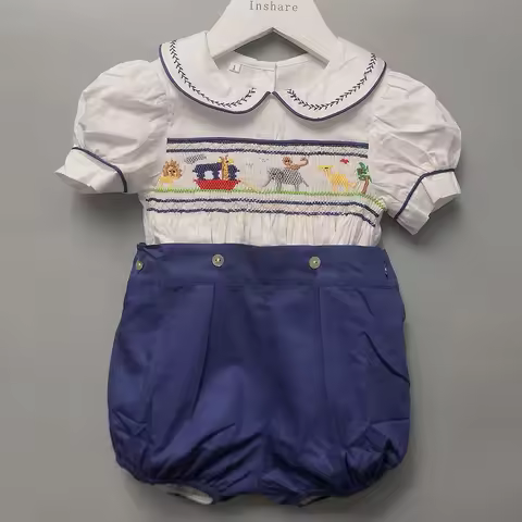 Children Boutique Clothing BABI Handmade Smocked Cute Animals Embroidered Set Cotton Puff Sleeves Ch