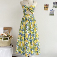 WYWH ผู้หญิงวันหยุดสปาเก็ตตี้สายคล้องคอ V คอผูกปมเอว A-Line Midi Dress,Tropical พิมพ์ Cami Dress