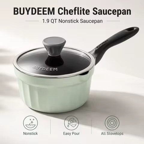 BUYDEEM CP141 2QT Nonstick Sauce Pan, Cast Aluminum Milk Pan with Glass Lid, Rapid Even Heat Small C