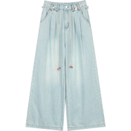 ELFSACK 2025 Autumn New Arrival Boho Casual Belt Detail Straight Leg Wide Leg Loose Fit Denim Pants 