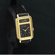【LA LUNE】稀有中古二手Hermes黑色金環皮革帶男女裝手腕錶禮物