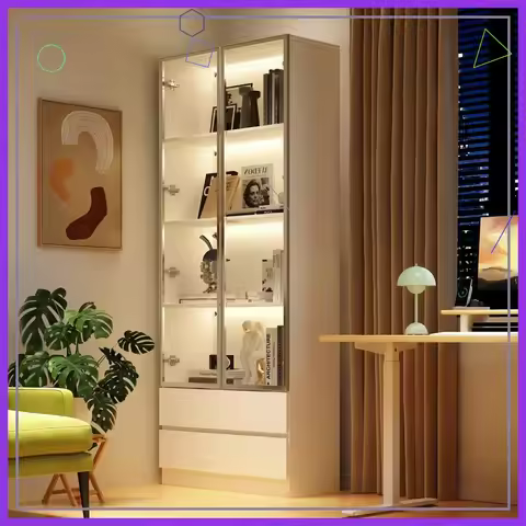 78.7" LED Bookshelf with Glass Doors & Drawers, 4-Tier Storage Cabinet for Home Office, Living Room 
