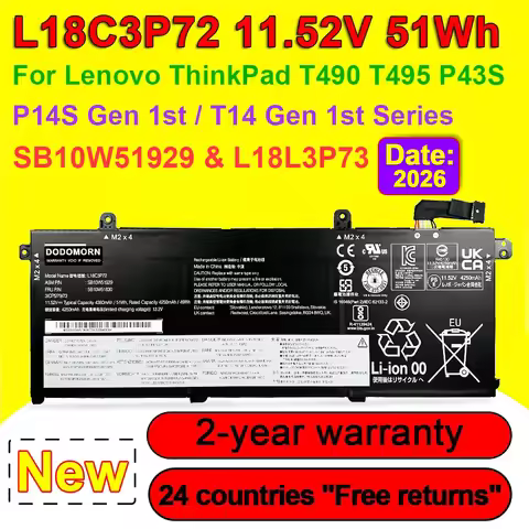 L18C3P72 Laptop Battery For Lenovo ThinkPad T490 T495 P43S,P14S T14 Gen 1st Series SB10W51929 5B10W8