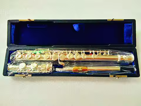 YFL-212 Silver C-Tune Flute with 16 Keys And E-Key Gold Mouthpiece Music Instrument Closed Overhead 