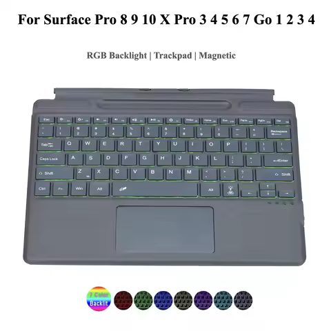 7 RGB Backlit Keyboard For Microsoft Surface Pro 8 9 10 X , Magnetic Keyboard For Surface Pro3 4 5 6