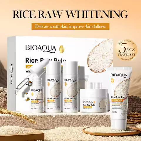 5pcs BIOAOUA Rice Raw Whitening Set Brighten Hydrating Moisturize Soothing Facial Cleanser+toner+ess
