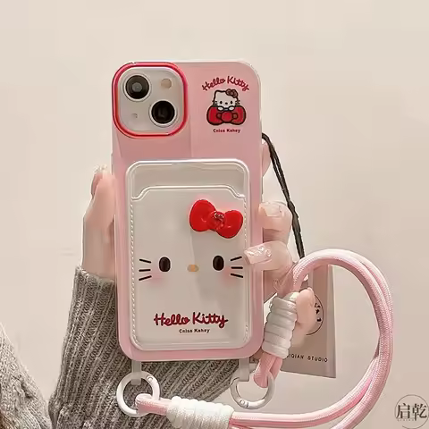 For iPhone 17 13 14 15 Plus 16 Pro Max 12 Mini XS XR 11 7 8 Bowknot Hello Kitty Card Holder Cartoon 