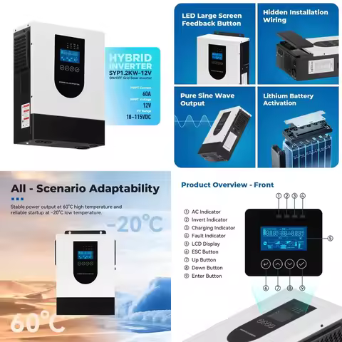KUNGF SOLAR 1.2KW Hybrid Solar Inverter UPS Pure Sine Wave with Single Phase Output for Supporting L
