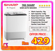 Sharp 7KG / 10KG / 12KG / 14KG Semi Auto Washing Machine EST7015 / EST1016 / EST1216 / EST1416