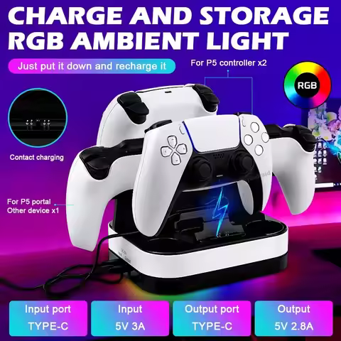 For PS5 Controller Charger Stand LED Indicator & RGB Light Dual Charging Dock for PS5 Controller & P
