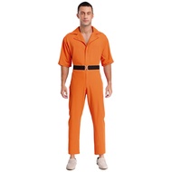 Yeahdor Mens Womens Unisex Halloween Prisoner Cosplay Jumpsuit with Waist Belt Lapel Short Sleeve On