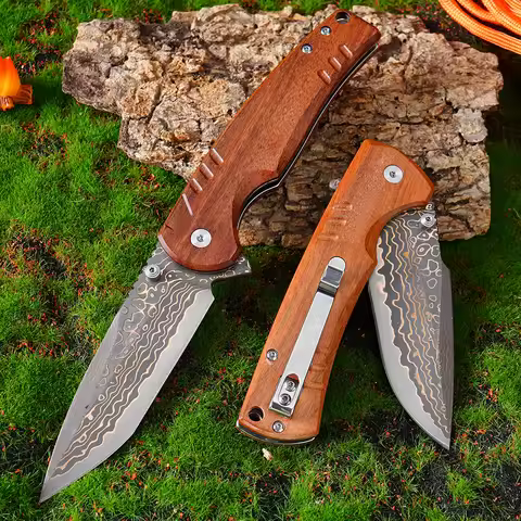 New Yellow copper Damascus Folding Knife 59HRC African Rosewood Ball Bearing Outdoor EDC Tool Pocket