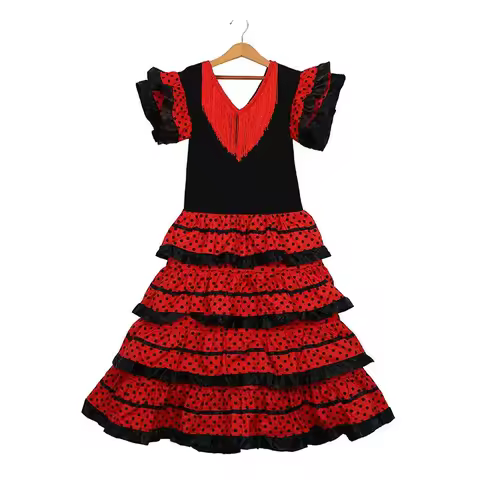 Mexican Style Spanish Flamenco Dance Dress for Girls 1-13Y Off Shoulder Ruffles Satin Performance Ou