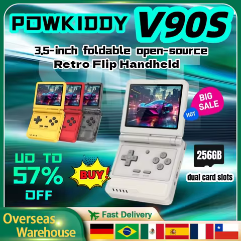 POWKIDDY V90S Retro Handheld Game 3.5 lnch 4:3 Console Dual Type-C Long IPS Screen A133 Plus Flip Ba