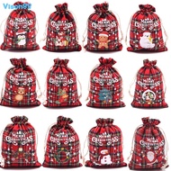 Christmas Red Plaid Cotton Bag Drawstring Gift Bag Candy Gift Snack Packaging Bag