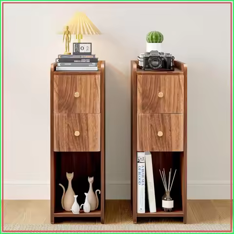 Narrow Nightstand Set of 2, Wooden 2 Drawer Slim Side Table, Mid Century Bedside Table