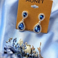 MONET密鑲梨型人造藍寶石吊墜針式耳環/Vintage美國西洋古董飾品